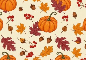 Whimsical Autumnal Pattern with Pumpkins, Leaves, and Acorns for Festive Decor