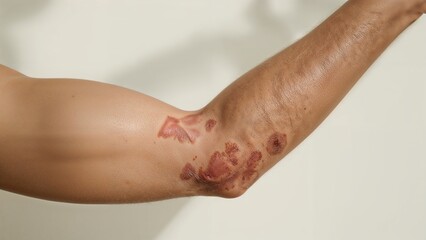 Male elbow showing symptoms of psoriasis and flaky skin