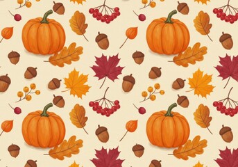 Autumnal Harvest, A Seamless Pattern of Pumpkins, Acorns, and Leaves