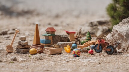 Handcrafted wooden toys display on rock surface showing child development concept