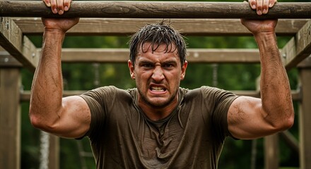 Intense Athlete Gripping Wooden Bar During Obstacle Course Training, Focused and Determined