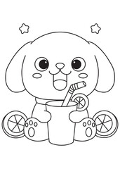 Coloring book puppy drinking juice with orange slice.