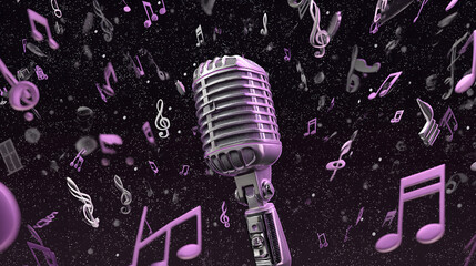 Illustration of vintage microphone with abstract purple music notes falling on dark background