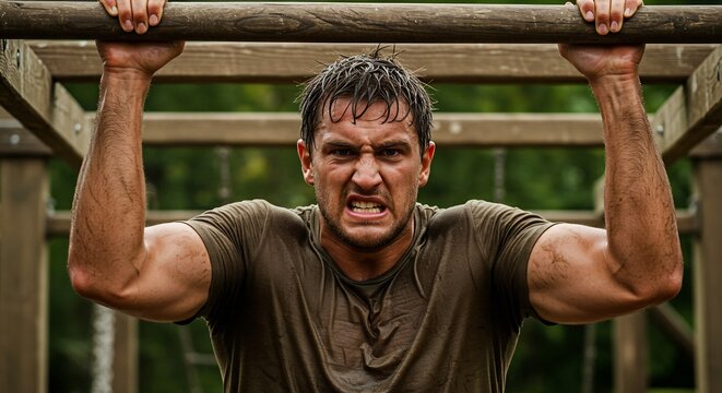 Intense Athlete Gripping Wooden Bar During Obstacle Course Training, Focused and Determined