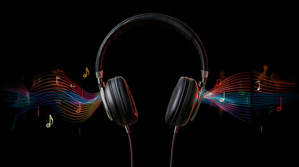 Headphones with colorful sound waves and music notes on black background