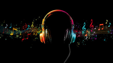 Headphones with colorful sound waves and music notes on black background