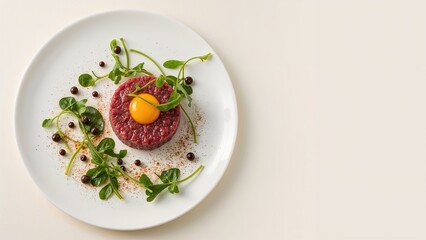 Modern presentation of gourmet raw beef tartare featuring egg, arugula, and capers on a stylish dish with room for copy