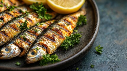 Grilled Sardines on Plate with Fresh Lemon Slices and Green Herbs