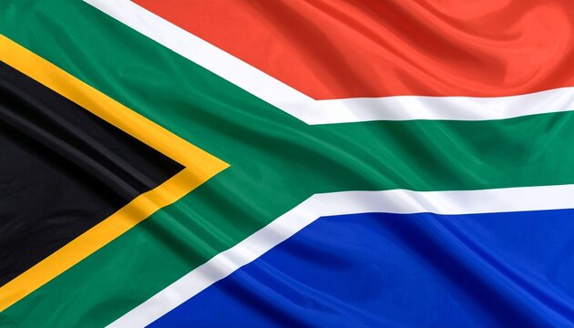 South African flag featuring a green Y-shape bordered by white, red upper field, blue lower field, and a black triangle edged in yellow, symbolizing unity and cultural diversity