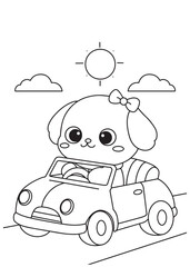 Coloring book puppy driving a toy car happily.