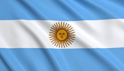 Argentine flag with three horizontal bands of light blue, white, and light blue, featuring a centered yellow Sun of May with a face, symbolizing independence and national pride