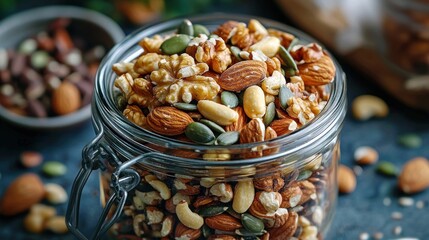 Glass Jar Filled with Mixed Nuts and Seeds for Healthy Snacking Options