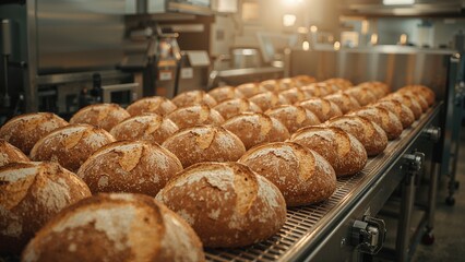 Fresh bread loaves moving along a mechanized baking line