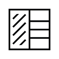 Modern wardrobe with mirror and shelves, line icon design.