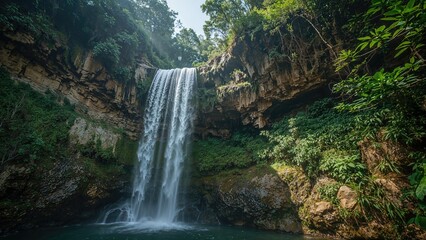 Expansive perspective of stunning waterfalls flowing through a rich woodland area
