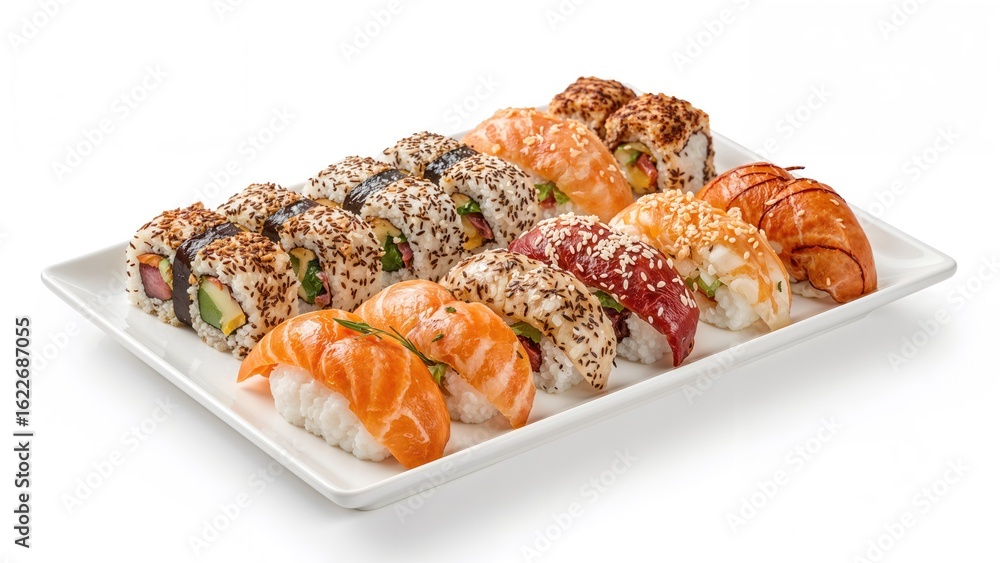 Poster assorted sushi rolls displayed on a white dish with a plain backdrop