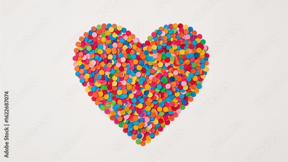 Poster colorful paper confetti arranged in a heart shape. miniature colored circles. white background setti