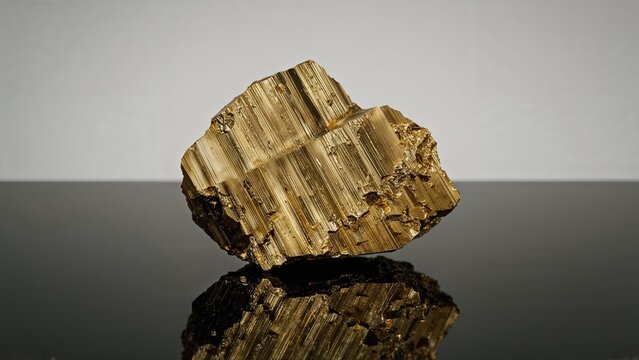 Shiny iron pyrite displayed on a black mirrored base