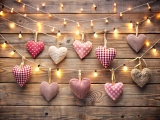 Valentines day background with handmade hearts and string lights on wood