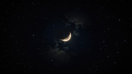 Shining crescent moon amid starry darkness