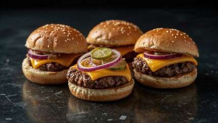 Close-up of small cheeseburgers topped with onions and pickles