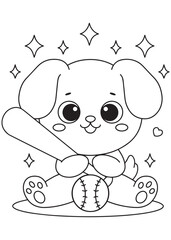 Coloring book puppy holding a baseball bat.