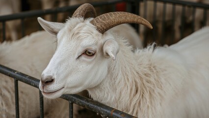 Healthy male goat with prominent curved horns and clean features, confined within a sturdy metal cage on a farm