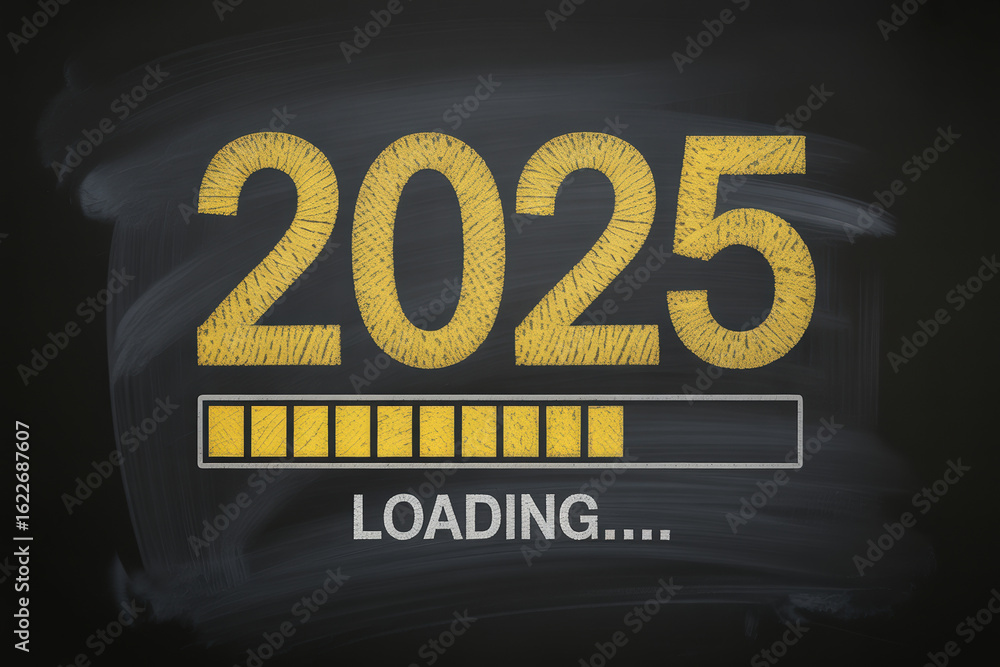 Poster anticipating the future a chalkboard countdown to 2025 with a progress bar symbolizing approaching y