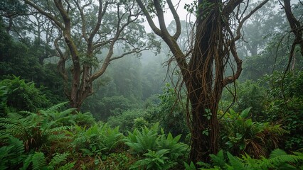 Naklejka premium Thick jungle enveloped by morning haze