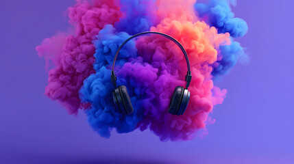 Gaming headphones surrounded by thick colorful smoke on dark background