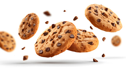 Chocolate chip cookies falling on white background, cookie ad concept