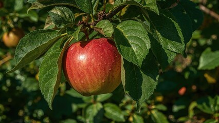 Lush red apples attached to a green leafy twig, delicious juicy fruits, summertime crop in the garden, winter cultivar of attractive fruits