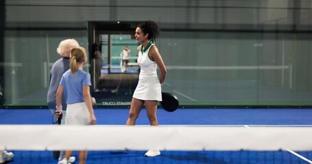 Court, exercise and padel trainer with kids for training or introduction with grandmother. Woman, talk and children with coach for sports chat, family lesson or happy for learning in tennis club