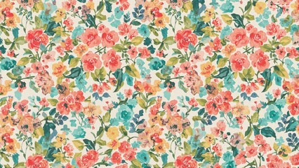 Bright multicolored floral decoration with small straightforward flowers, seamless abstract raster pattern for textile or fabric design.