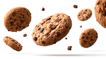 Chocolate chip cookies falling on white background, cookie ad concept