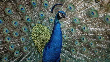 Obraz premium Male peacock flaunting striking blue and green tail feathers