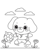 Coloring book page of puppy playing soccer.