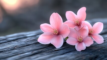 Fototapeta premium Delicate pink magnolia blossoms on weathered wood, soft light