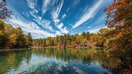 Obraz premium Tranquil water surrounded by green, orange, and blue trees in a forest setting