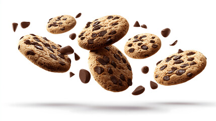 Chocolate chip cookies falling on white background, cookie ad concept