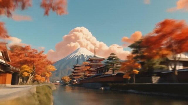A pagoda tower in a Japanese riverside village. Mountains in the background with orange sunset clouds. A view of a village street, orange maple trees, and autumn leaves. 4K video.