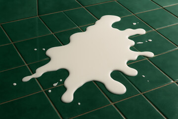 Milk splattered on green ceramic tiles, forming an irregular spill pattern with droplets scattered around the main puddle