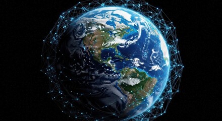 Earth surrounded by a network of connections in the vastness of space