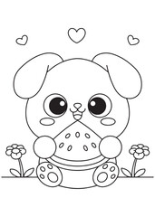 Coloring book puppy eating a big slice of watermelon.