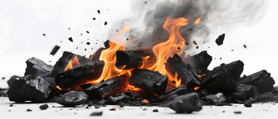 Pieces of black coal burning with bright orange flames and smoke against a white background