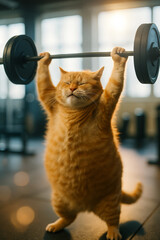 Chubby orange cat lifting a barbell in the gym with a determined expression, blending humor and fitness motivation