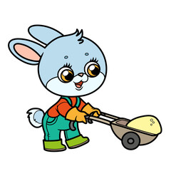 Cute cartoon rabbit farmer running with a wheelbarrow on white background