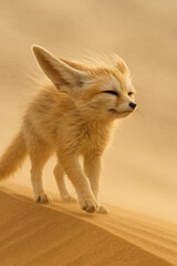 Adorable fennec fox cub walking through the desert wind with eyes closed and fur blowing gently in the sandstorm