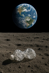 Crushed plastic bottle discarded on the moon's surface with Earth visible in the background, symbolizing global pollution reaching space