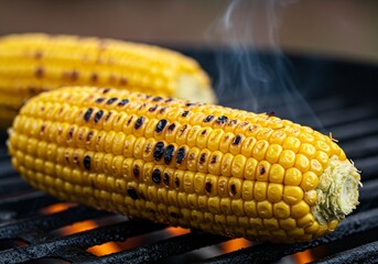 Grilled yellow corn cobs on a barbecue grill, cooking food outdoors. Fresh healthy snack food for summer party. Homemade farm fresh vegetable.